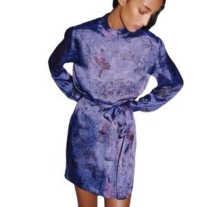 Zara Royal Purple Asian Landscape Print Balloon Sleeve High Neck Dress SZ L